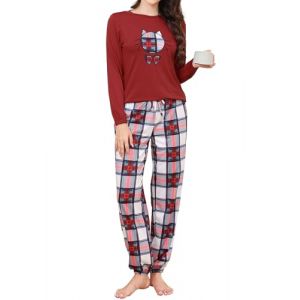 Reliwel Pyjama Femme Coton Ensembles de Pyjama Femme Hiver Chaud Haut Col Rond Manches Longues et Bas de Pyjama à Carreaux Vêtements de Nuit 2 Pièces Confortable Détente (Reliwel-FR, neuf)
