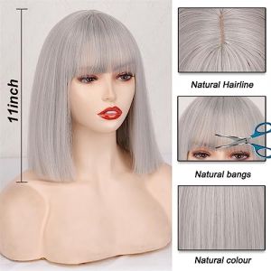Perruques Cheveux Humains Court synthétique argent gris Bob avec frange courte droite Bob perruques for femmes Cosplay fête quotidienne rouge blackpink perruque Perruques pour femmes (wufengjingqian, neuf)