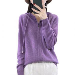 Cardigan en laine m&eacute;rinos 100% avec fermeture &eacute;clair pour femmes, pull &agrave; capuche en maille d&eacute;contract&eacute; &agrave; fermeture &eacute;clair uni, violet, XXL (banwanbaihuo, neuf)