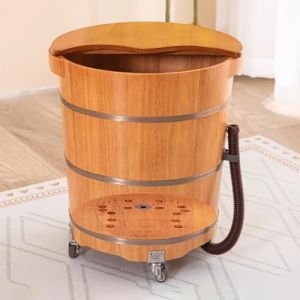 TT-YEC Baignoire De Bain De Pieds En Bois, Baignoire De Bain De Pieds Ronde Avec Couvercle Et Boule De Massage, Roues Universelles, Baignoire De Bain De Pieds En Bois Naturel,H40cm (Panda-Yaya, neuf)