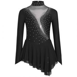 Oyolan Enfant Fille Robe Patinage Artistique Manches Longues Strass Asymétrique Robe Danse Leotard Gymastique Spectacle A Noir 9-10 Ans (Oyolan EU, neuf)