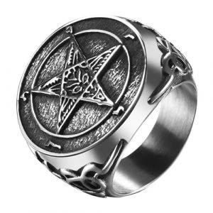 JewelryWe Bague Chevalière Homme Biker: Bague en acier inoxydable Satanique Style Biker Sombre Chevalière Homme Pentagramme du Diable et Croix de Léviathan - Cadeau Anniversaire Fête des Pères (JewelryWe Bijoux, neuf)