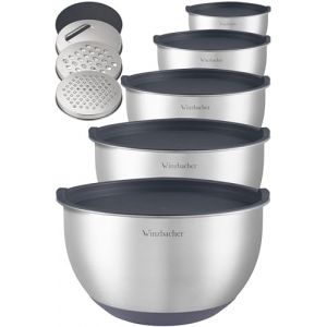 Winzbacher Bol en acier inoxydable avec couvercle [Lot de 5] 1 l + 1,5 l + 2,5 l + 3,5 l + 4,5 l | Bol &agrave; m&eacute;langer, saladier, set de bols | antid&eacute;rapant | empilable | r&acirc;pe incluse (Winzbacher, neuf)