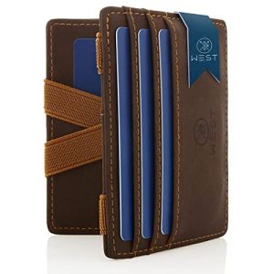 WEST&reg; Portefeuille Magique Anti Piratage RFID avec Compartiment pour Pi&egrave;ces - Portefeuille Homme avec Bandes de S&eacute;curit&eacute; pour Billets (Marron-Orange) - Porte Carte avec Boite Cadeau Homme Incluse (West - Luna, neuf)