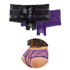 String Ouvert à L'Entrejambe Femme Grande Taille Culotte Fendue Sexy Erotique Tanga Sexy Chic Dentelle Sans Couture Culotte Ouverte Lingerie Dentelle Sous Vetements Feminins Noir+Violet,XL-XXL (ohyeahlady, neuf)