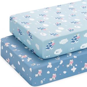 Yukkidds Lot de 2 Draps Housse B&eacute;b&eacute; 60x120 cm en Microfibre Douce et Respirante, Drap Housse Lit B&eacute;b&eacute; Ajustable, Drap Lit B&eacute;b&eacute; Lavable pour Matelas et Berceau Vache Bleue (Yukkidds UK, neuf)