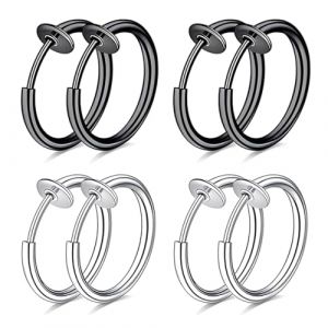 LEPZUR Fausse Boucle D'Oreille Homme, 4 Paires De Boucles D'Oreilles Clips En Acier Inoxydable, Sans Per&ccedil;age, 2 Paires Argent Et 2 Paires Noir, Anneaux Et Cr&eacute;oles, 10Mm (GloriseGO, neuf)