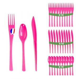 Set 30 couverts fuchsia en plastique dur - Fabriqu&eacute;e en France - M&eacute;nag&egrave;re rose de 10 fourchettes, 10 couteaux, 10 cuill&egrave;res - R&eacute;utilisables et recyclables - Passe au lave vaisselle - Table'Colors (VAISSELLE DISCOUNT, neuf)