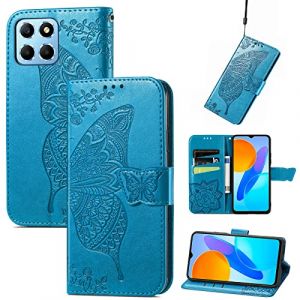 JIUNINE Coque pour Honor X6 / Honor X8 5G / Honor 70 Lite, Antichoc Housse &eacute;tui en Cuir PU Flip Case Portefeuille &agrave; Rabat avec Motif Papillon [Porte Carte] [Magn&eacute;tique] pour Honor X6, Bleu (JIUSEN EU Store, neuf)