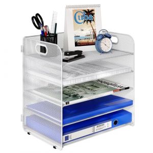 TQVAI M&eacute;tal Corbeille a Courrier 5 Compartiments Organiseur de Bureau Porte Revue Bureau Trieur Documents A4 Rangement Papier Range Courrier (Blanc) (TQVAI Direct-EU, neuf)