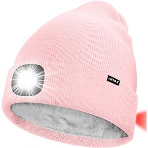 ATNKE Unisexe 8 LED Bonnet Lampe Frontale,USB Rechargeable Rouge Feu Arri&egrave;re Clignotant Chapeau de Course Lumi&egrave;re Chaud Polaire Doubl&eacute;e Tricot Bonnet Cadeaux pour Hommes et Femmes/Light Pink (Memorye, neuf)