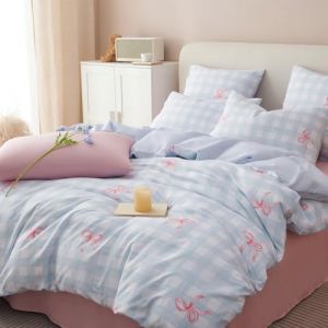 Sedefen Housse de Couette 200x200cm Bleu Plaid Rose N&oelig;ud Papillon Ado Adultes Parure de Lit avec Fermeture &Eacute;clair 2 Personne Sets de Housse Couette en Microfibre avec 2 Taie d'oreiller 65x65cm (ArvinBoutiques, neuf)