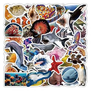 50 Autocollants Océan Animaux Enfants, Imperméable Vinyle Stickers pour Scrapbooking Valise Bagages Vélo Skateboard (Océan Animaux) (Jenloong, neuf)