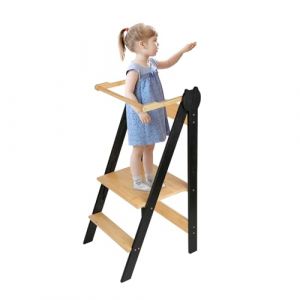 Tour d Observation Enfant, Tour Montessorienne d'apprentissage Pliable Multi-usages Tour d'apprentissage en Bois Naturel de Bouleau, Pliable, Sécurité-88 * 45 * 45 cm-café noir (Hechheu, neuf)