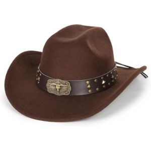 Chapeau de Cowgirl en Feutre Western Classique pour Femme et Homme avec Large Bord Fedora Jazz avec Bande de Taureau, marron, M (wodege, neuf)