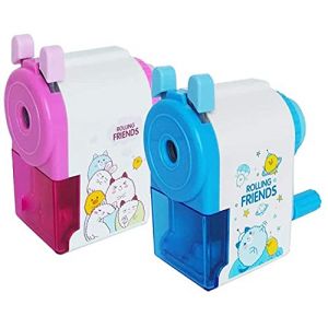 Meet-shop Taille-Crayon &agrave; Manivelle Mode Manuel 2 packs Manivelle Machine &agrave; Tailler avec Conteneur pour Enfants Etudiants Ecole Maison Bureau Studio Cadeau (Bleu+Rose) (Meet-shop, neuf)