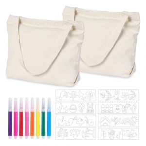 2 Pièces Sac Tote Bag - sac en toile de peinture, Idéal pour DIY, Tote Bag Vierge en Coton avec Sac en Toile de Jute，Sac de courses，Stylos colorés et modèle de dessin (DBGH, neuf)