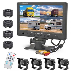 Fuluku Caméra de Recul 4 Caméras, Moniteur de Vision Nocturne Etanche 9'' avec Câble 2x10m + 2x20m pour Camion/Remorque/Bus/Camionnette 12-24V (Fuluku Direct, neuf)