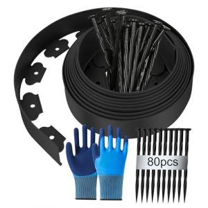 Bordure Jardin Exterieur, 20m (L) x 5cm (H) Bordure Pelouse Flexible en Plastique, Bordurette de Jardin Tonte, Garden Edging - avec 80 Piquet + 1 Paire Gants - Noir (BOFD-EU, neuf)