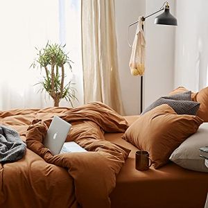 Sedefen Housse de Couette 200 x 200 cm Caramel Brun Coton lavé Couleur Unie - Parure de Lit 2 Personnes avec Fermeture Éclair - Aspect ridée Naturel Housse Couette avec 2 Taie d'oreiller 65x65 cm (ArvinBoutiques, neuf)