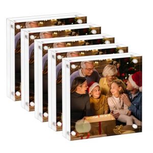 AMEITECH Cadre photo en acrylique 13 x 13 cm, cadre photo transparent double face sans cadre avec écran magnétique de bureau sur pied, cadre en lucite avec coffret cadeau - Lot de 5 (Amei Jia UK, neuf)