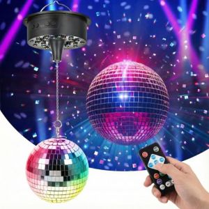 Tomshine Boule &agrave; Facettes Disco avec Moteur et Lumi&egrave;re 18cm - Boule Disco Rotative 30 LED RGB, T&eacute;l&eacute;commande & Commande Musicale, Lampe Disco &agrave; Piles/USB pour Soir&eacute;e Anniversaire Enfant Bar (RUIBAIDA, neuf)