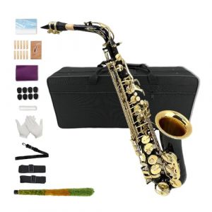 Yinfente Saxophone bémol plat avec 10 anches, 8 coussinets, étui rigide et plus encore, pour étudiant, débutant, adulte, saxophone alto, kit de saxophone, cadeau de vacances (noir doré) (yinfente-uk, neuf)