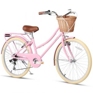 Glerc Missy V&eacute;lo Cruiser 26" pour fille, adolescent, femme, adolescente, hybride, 6 vitesses, pour adolescents de 14, 15, 16, 17, 18, 19, 20 ans, avec panier en osier et rack, rose (BikeJune-EU, neuf)