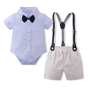 Volunboy B&eacute;b&eacute; Gar&ccedil;on Ensemble Costume, Manches Courtes Noeud Papillon Chemise avec Short Bretelle Barboteuse(9-12 mois,Gris Bleu,Taille 70) (Volunboy, neuf)