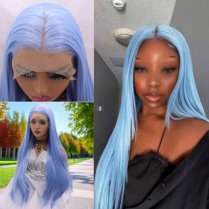 Perruque bleu clair, perruques synthétiques longues et droites sans colle avec dentelle frontale pré-épilée avec ligne de cheveux naturelle pour femmes à la mode(Blue,18inch) (ZBYXPP., neuf)