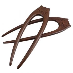 Zerodeko Lot de 2 B&acirc;tonnets &agrave; Cheveux en Bois de Santal Robustes, Fourchettes U Style Chinois Motif T&ecirc;te de Chat, Accessoires Cheveux Chinois Vintage pour Chignons et &Eacute;v&eacute;nements Formels (Joseph Xu, neuf)