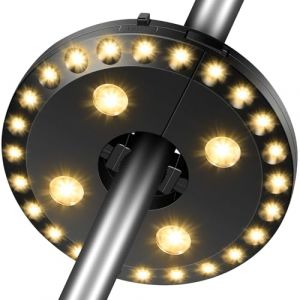 HELESIN Lumières de Parasol, 28 LED Lumière 3 Modes d'éclairage Alimenté par Batterie, Lumineux Parasol éclairage pour Jardin Balcon Terrasse Plage fête Camping déco Blanc Chaud (Helesin, neuf)
