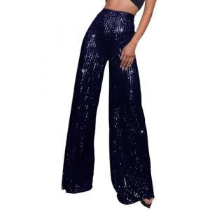 Duohropke Pantalon &agrave; paillettes pour femme, jambe large, taille haute, avec paillettes, &eacute;l&eacute;gant, style ann&eacute;es 70, pantalon stretch pour club, f&ecirc;te, danse, 02 bleu fonc&eacute;., L (PANGCON, neuf)