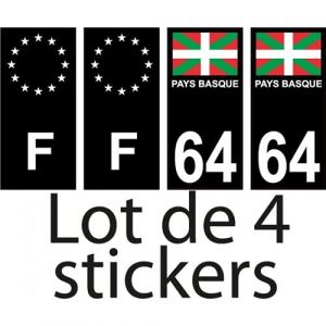 64 Pays Basque drapeau fond noir lot de 4 sticker - F europe autocollant plaque immatriculation auto - Couleur : droits - Angles : droits (Giroud Garampon, neuf)