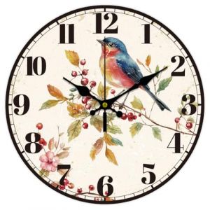 CHGCRAFT Horloge Murale Ronde Silencieuse &agrave; Piles Motif Oiseaux Baies D&eacute;coration pour Bureau Maison Cuisine (CHGCRAFT FR, neuf)