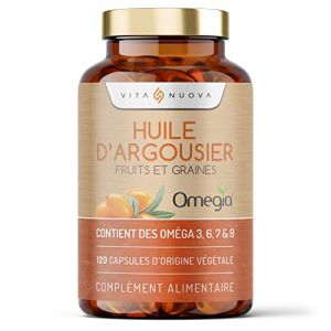 Huile d’argousier – 120 Capsules – Omega 3, 6, 7, 9 – Fabriqué avec Omegia® – Oméga-3 Végétalien - Sans Additifs (120 Capsules - Bouteille) (Time Health, neuf)