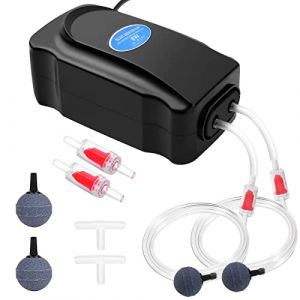 flintronic Pompe à Air Aquarium, 3W /8W Réglable Puissante Double Sortie Bulleur Aquarium pour Aquarium 5 à 300 L Ultra Silencieuse avec 1,5M /2M Tuyau,Pierre à Air,Clapet Anti-Retour et Raccord en T (XJYEU, neuf)