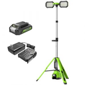 Greenworks Lampe de travail LED hybride (AC/DC) 24 V 3000 lumens &agrave; double t&ecirc;te avec base tr&eacute;pied pliable et tige t&eacute;lescopique, 3 modes, avec batterie 2 Ah et chargeur (Lily Mall, neuf)