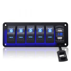 Geloo 5 Gang Panneau de Commutateur à Bascule étanche 12V/24V Marine Interrupteur avec 4,8A Dual-USB LED Voltmètre Interrupteur à Bascule pour Voiture Bateau Camion Camping-car (UKAUTO, neuf)