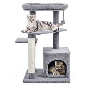 COSTWAY Petit Arbre à Chat 85 cm, Arbre a Chat Bois à 4 Niveaux, 3 Poteaux à Griffer en Sisal, 3 Plateformes, Condo, Tour pour Chaton Interieur, Pompon, 63 x 56,5 x 85 cm (Gris) (FDS GmbH, neuf)