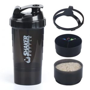 XTKS Shaker à Protéines 500ml (16oz) - Shaker Proteine avec compartiment - Bouteille Mélangeuse Anti-Fuite, Boule Inoxydable - Idéal pour Shakes, Smoothies - Sans BPA,Lave-Vaisselle (noir) (SHAKER BOTTLE, neuf)