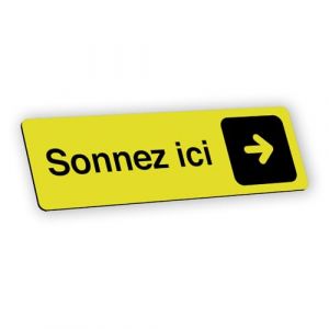 Plaque signalétique gravée autocollante Sonnez ici flèche droite - jaune - format 12x3,7 cm (my-goodprice, neuf)