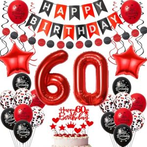 ballon décoration 60 ans anniversaire Femme, décoration anniversaire 60 ans Femme ballon,Noir Rouge décoration 60 ans Femme anniversaire ballon décoration gâteau anniversaire 60 ans Femme déco (Crazy-M, neuf)