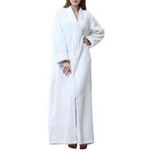 Kinloy Robe de chambre d'hiver longue gaufr&eacute;e pour femmes personnalis&eacute;e en polaire douce avec fermeture &eacute;clair chaude l&eacute;g&egrave;re peignoir robe de nuit Blanc M 8-10 UK (Chaobaihuo, neuf)