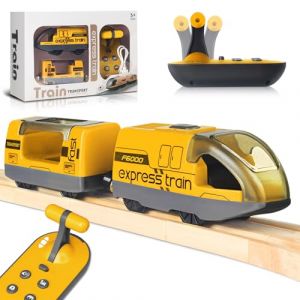 Beginreally Train &eacute;lectrique T&eacute;l&eacute;command&eacute; pour Rails en Bois, Train motoris&eacute; avec 4 Effets Sonores et Lumineux pour Les Enfants de 3 4 5+ Ans, Compatible avec Thomas,Brio,Chuggington-Jaune (Beginreally, neuf)