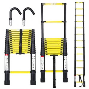 Joparri Échelle télescopique en Aluminium avec Crochets Amovible 3,8 m échelle Extensible antidérapante, Multi-Fonction Ladder Charge 330lbs / 150 kg, Noir et Jaune (SUNMMIN, neuf)