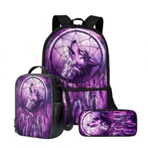 Wnbucioht Sac à dos 3 en 1 pour enfants garçons avec sac à déjeuner isotherme, porte-crayon, Attrape-rêves Loup, Taille unique, Ensemble cartable (xiaohedianzishangwu, neuf)