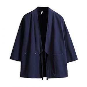 Kimono Japonais Cardigan Harajuku Homme Rouge Coton Kimono Haori Yukata V&ecirc;tements Traditionnels Japonais Bleu Marine XXL (zhezhebaihuo, neuf)