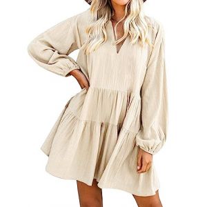 FANCYINN Robe Droite &agrave; Manches Cloche &agrave; Volants pour Femmes Babydoll Mini Robe d&eacute;contract&eacute;e en Lin avec Poches &agrave; Manches Longues Abricot S (Fancyinn Direct, neuf)