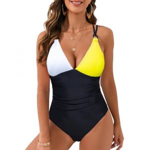 JFAN Maillot de Bain Une pièce pour Femme Col en V Maillots de Bain 1 Pièce Gainant Ventre Plat Maillot de Bain Dos Nu Push Up Amincissant Monokini，Noir + Blanc Jaune L (JFan, neuf)